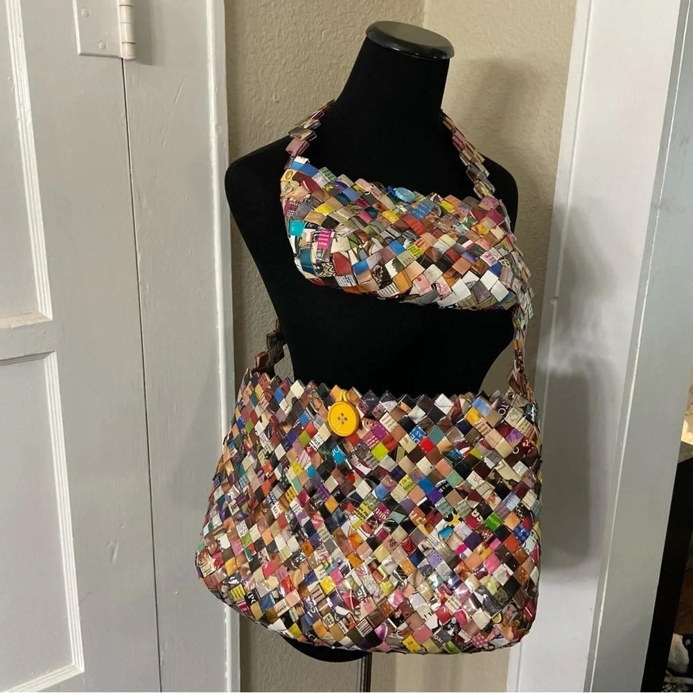Two Recycled Colorful Woven Wrapper Bags- One Big & One Small Handbag - Picture 7 of 16